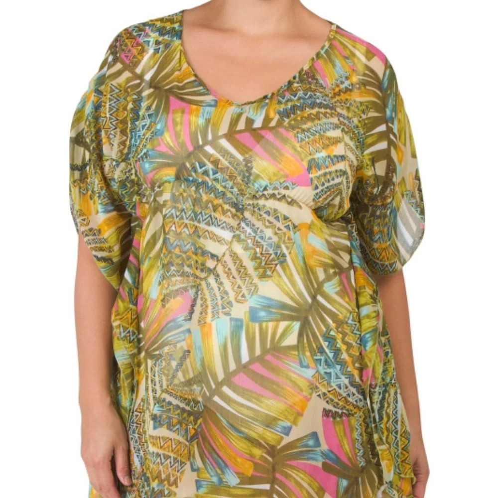 Sale!!! KAKTUS Plus Made In Usa Tropical Palm Printed Chiffon Cover-up